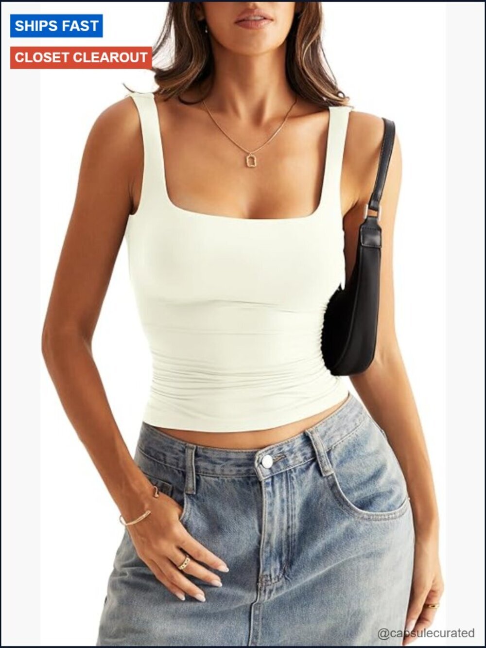 Double Lined Square Neck Tank Top Low Back Fitted Sleeveless Summer Going Out